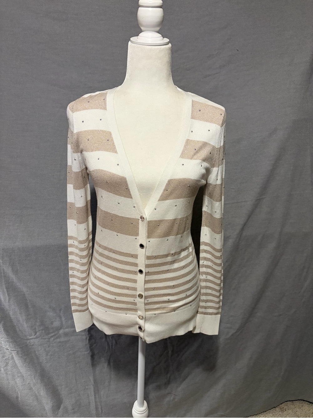 White House Black Market Striped V-Neck Button Cardigan - Cream & Tan